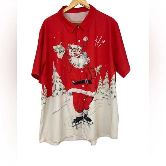 Source Unknown Other - Men’s Ice-skating Santa Claus Button Up Shirt Short Sleeve Size 2XL Christmas